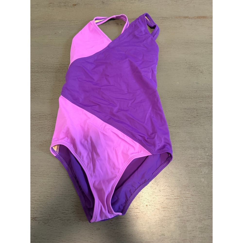 Lands End Girls Purple Colorblock Cross Back One Piece Swimsuit Size 14
